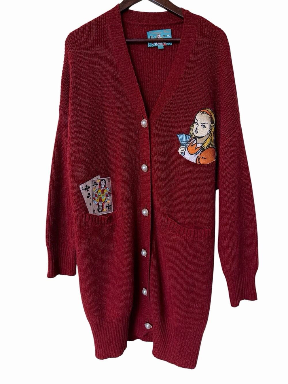 Unlogical Poem Alice in Wonderland Knit Cardigan Sweater Maroon Red Longline L